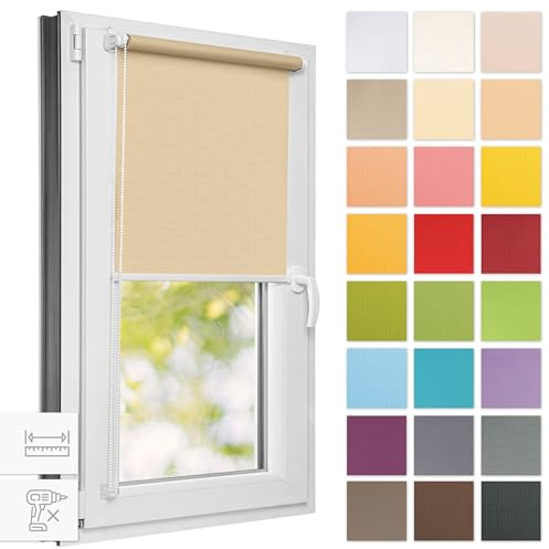 Estika Rollo für Fenster ohne Bohren - 45cm x 120cm - Cremefarbe - 25 Stofffarben, Klemmfix Montage, Fensterrollos für innen, Sichtschutz für Fenster und Balkontür (45 cm Stoffbreite)