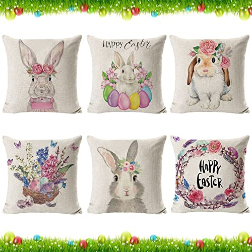 Qunkun Ostern Kissenbezug, 6 Stück Osterhase Kissenhülle, Hase Kissenbezug für Ostern Dekorative Kissenbezüge, Hasen Kissenbezug für Haus Dekoration Party