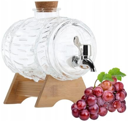 1L Fässchen mit Holzständer | Weinfass Fass Mit Hahn | Fassförmiger Getränkespender Aus Glas | Fass Getränkespender Mit Zapfhahn Und Ständer Für Whisky, Brandy, Säfte | Limonade Saftspender
