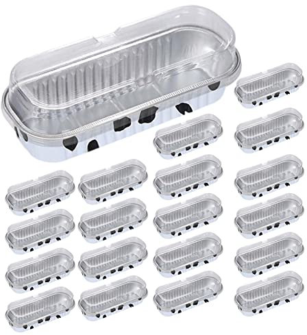 Pequeñas sartenes de aluminio con tapa | 20 moldes antiadherentes de aluminio – 200 ml de papel de aluminio – Moldes para horno – Rectangular – Tazas para cupcakes – Contenedor