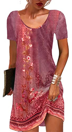 GRMLRPT Damen Kurzarm Rundhals Kleid Bohemian Blumen Sommerkleider MiniKleid Blumendruck Lose Tunika Freizeitkleid(Rot,M)