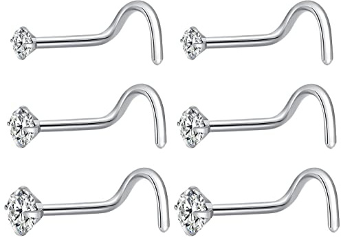 Fzroezz 6Pcs Nose Studs 18 Gauge Corkscrew Nose Piercings Nose Rings Studs Nostril Nose Piercing Jewelry Silver Nose Ring Nose Stud Nose Piercing Surgical Steel Nose Jewelry 18G Cute Real Nose Piercing Stud Nose Rings Hypoallergenic Small Screw Nose Ring 2mm 2.5mm 3mm Round Clear Diamond CZ Thin Set Curved