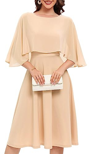 Fynadressr Women Cape Dress with Chiffon Overlay Cocktail Party Wedding Guest Formal Going Out Funeral Dresses Champagne L
