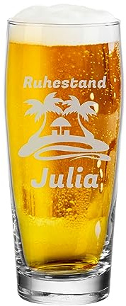 LUXENTU Willi Becher mit Gravur, Palmen & Strand, 0,5 l, 1 Stück | Personalisiertes Helles-Glas für Langzeiturlauber & zum Renteneintritt, Individuelle Lasergravur, Spülmaschinenfest