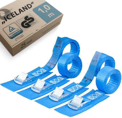 valonic ICELAND - 4x 1m Cinghie di fissaggio con fibbia corta, 25mm, 250 Kg, ÜV Rheinl. / GS, EN-12195-2 - blu, Cinghia per bicicletta
