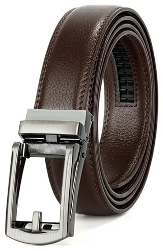 JasGood Herren Ledergürtel Automatische Ratsche Gürtel für Herren Leder Gürtel 33mm Breit mit Verstellbarer Automatische Schnalle für Anzug Geschäft Lässig,Kaffee,145cm