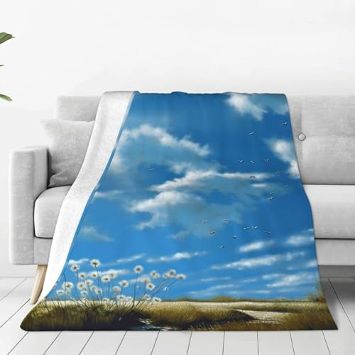 Flanelldecke mit blauem Himmel, Landschaftsdruck, leicht, ultraweich, warm, 203 x 152 cm, Reisedecke, alle Jahreszeiten, Decke für Bett, Sofa, Büro, Wohnzimmer, Camping, Geschenke