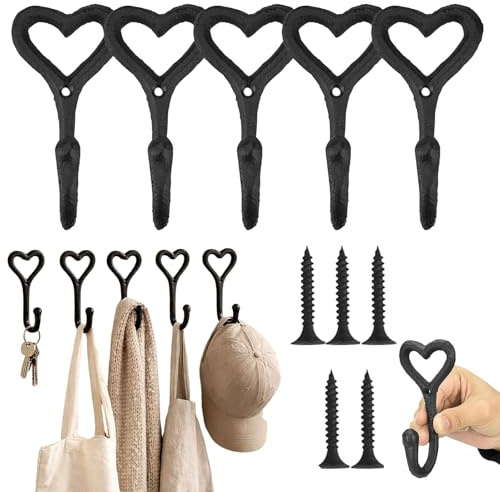 Norhogo 5 Stück Metall Kleiderhaken, Herz Retro Wandhaken für Garderoben | Mantelhaken, Antike Metallhaken Huthaken Haken für Badezimmer, Küche, Büro, Kleidung, Taschen, Handtücher, Schlafzimmer