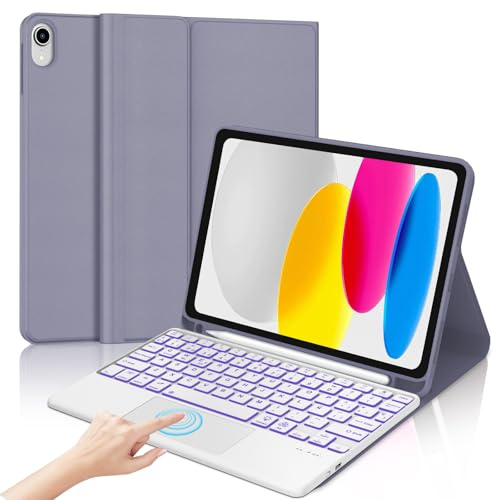 IVEOPPE Teclado iPad 10/11 Generación con Touchpad, Funda Teclado Trackpad Español Ñ Retroiluminado Desmontable Bluetooth para iPad 10/11 Generación A16 2025 (10.9/11 Pulgada), Púrpura Lavanda