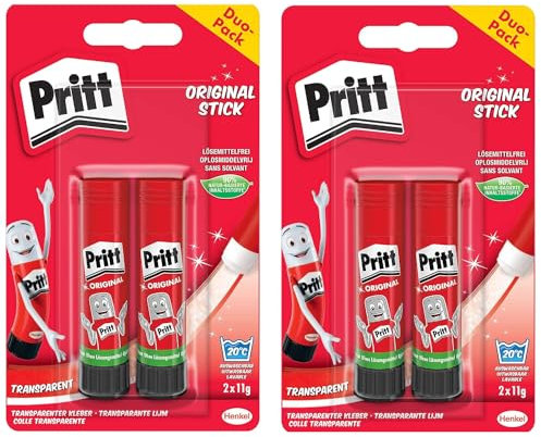 Henkel Colla Stick Pritt 4 x 11 g, Colla sicura e Adatta ai Bambini per Arti e Mestieri, Adesivo Forte per Uso Scolastico e d'ufficio
