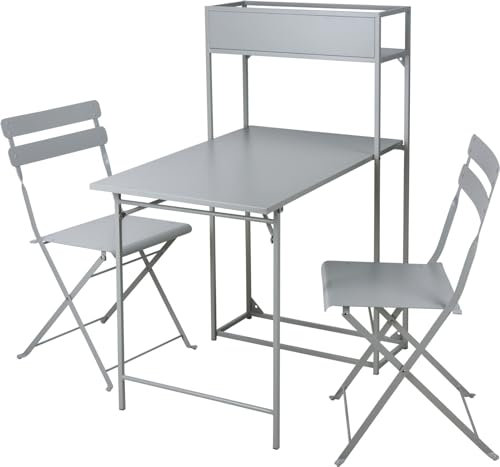 matrasa Platzsparendes Bistroset - Ausklappbare Balkon Sitzgruppe - Metall Balkonmöbel 3-TLG Hellgrau