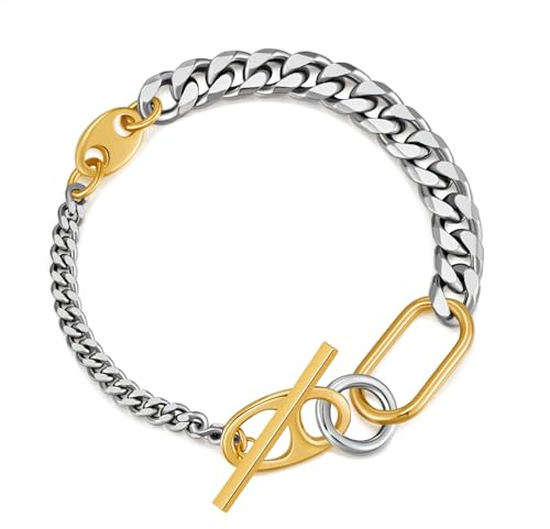 WOWORAMA Two Tone Cuban Link Bracelets for Women Men Unisex Mixed Metal Cuban Chain Bracelet Thick Chunky Curb Chain Bracelets OT Toggle Clasp