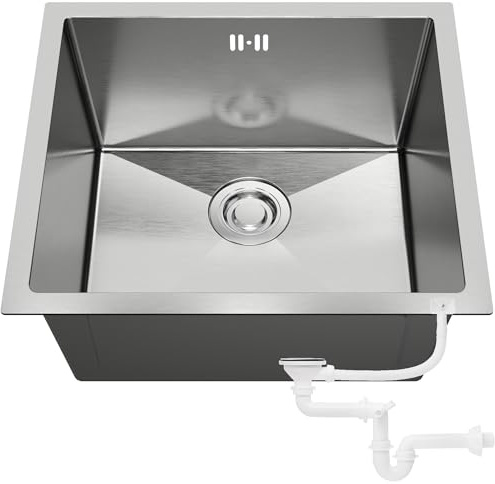 ANW HOME Evier Cuisine 1 Bac 49x44 cm, Inox 304 | Encastré/Sous Plan, Revêtement Nano, Épaisseur 3.0+1 mm, Profondeur 22 cm, Avec Siphon