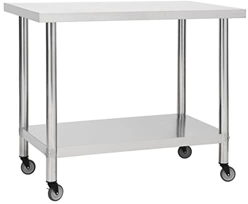 Homgoday Tavolo da Esterno, Tavolo da Lavoro Cucina con Ruote 100x60x85 cm in Acciaio Inox, Tavolo da Esterno, Tavolo da Pranzo, Tavolo da Cucina Tavolo da Esterno