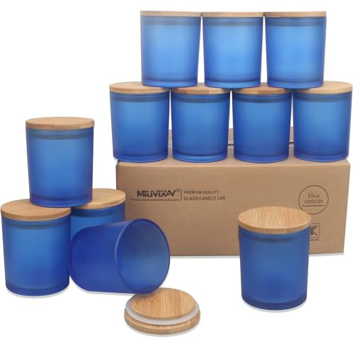MILIVIXAY Confezione da 12 barattoli per candele in vetro spesso blu smerigliato da 283,5 g, con coperchio, barattoli vuoti per candele – contenitori per spezie e polvere.