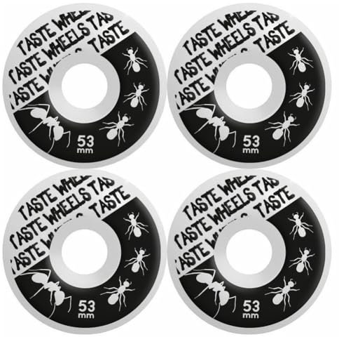 Taste Wheels Professionelle Skateboard-Rollen aus Urethan, konische Oberfläche, hohe Qualität und Haltbarkeit, Packung mit 4 Rollen und 10 Stickern (Weiß Schwarz, 53 mm 101a)