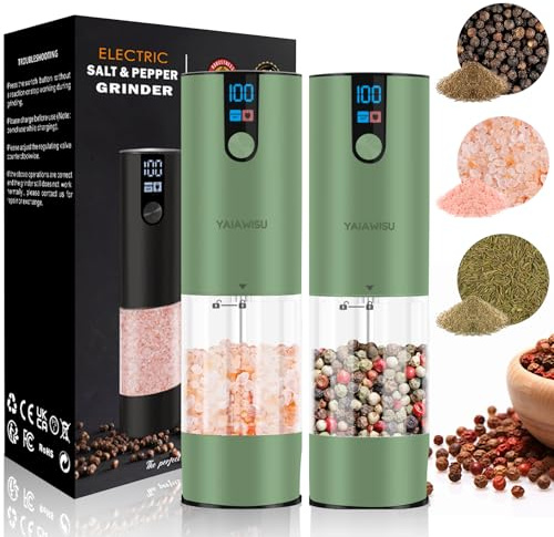 YAIAWISU Moulin à Sel Et à Poivre électrique, lot de 2 (écran LED, Rechargeable, Grande Capacité de 120 ml), Moulin à épices électrique pour Cuisines Et Restaurants (Surface en caoutchouc vert)