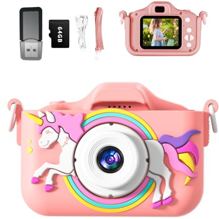 Snowall Kids Camera, Rainbow Design, 2.0 Inch LCD Screen, with 64GB Memory Card, Girls Toy