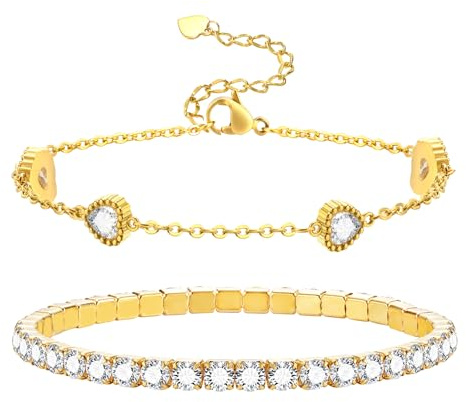 2 Stück Armband Damen Gold Silber - Edelstahl Schmuck 14K Vergoldet Elastische Zirkonia Tennisarmband Verstellbare Herz Armkette Armbänder Set Geschenk für Frauen Mädchen Freund Weihnachtsgeschenke