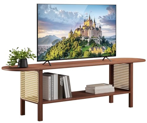 HollyHOME TV Schrank Bambus TV Lowboard Rattan 140cm Fernsehschrank Fernsehtisch TV Bank 2-stöckige TV Tish TV Table für Wohnzimmer Schlafzimmer, Dunkel