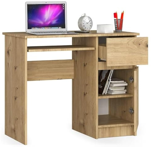 BDW - Escritorio para Ordenador con 1 cajón, 1 Armario y un cajón de Teclado extraíble. Escritorio para Ordenador de sobremesa o portátil, 90 x 77 x 50 cm