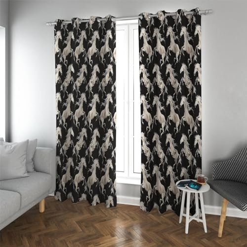 UIRINGART Weiße Pferde Verdunkelungsvorhänge Schwarzer Hintergrund Wilde Tier Fenster Vorhänge Verdunkelnde Sichtschutzvorhänge für Wohnzimmer Schlafzimmer 2 Paneele H240xB135