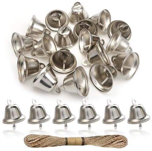 TOAOB 20 Stück Silber Silberglocken zum Basteln Glocken 38 mm | Metallglöckchen Mit 1 Rollen Hanfseil, für Windspiele Machen Handwerk Urlaubsdekoration Weihnachtsglocken Haustierglocken