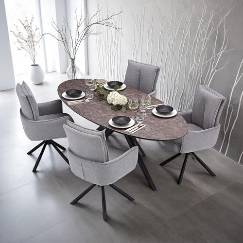 Homestyle4u Esstisch oval mit 4 Stühlen Grau Kratzfest Essgruppe Set Konferenztisch Polsterstühle Modern Tisch Metallbeine
