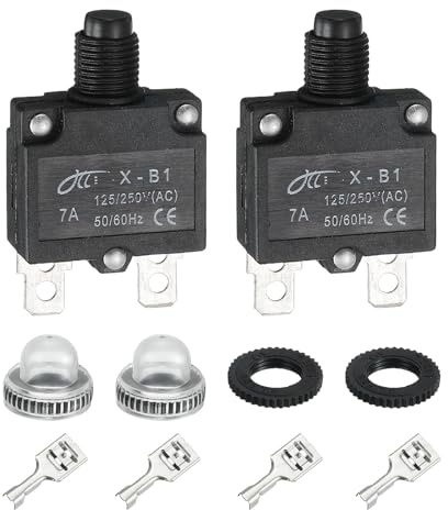 sourcing map Lot de 2 disjoncteurs thermiques 7 A, 125/250 V CA, 32 V CC à réinitialisation manuelle avec boutons poussoirs étanches, connecteurs rapides