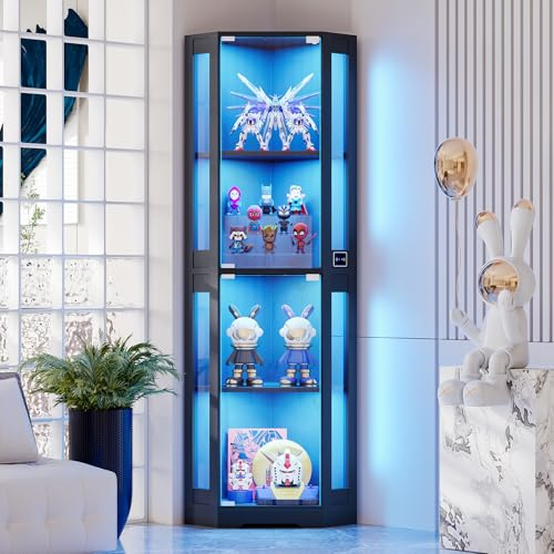 BROTTAR Corner Glass Display Cabinets with Lights, Corner Bookshelf Unit with Human Sensor, Kitchen Cupboard Storage with Magnetic Lock for Study, Office, Living Room, Bedroom, Kitchen, Black