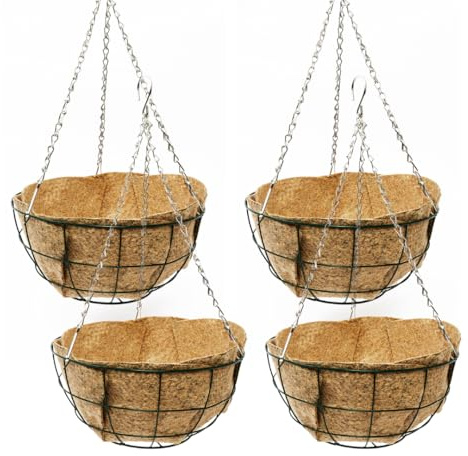 Gro Garden Products Heavy Duty Wire Hanging Basket, Round Basket, Flat Bottomed for Flowers with 3 Strand Chains, With or Without Liners 12 and 14 (4, 12 Basket With Liner)