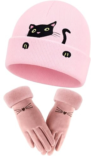 Geyoga Bonnet d'Hiver Chaud et Mignon avec Oreilles de Chat pour Femme et Ensemble de Gants Chauds Bonnet Tressé en Tricot et Crochet et Gant pour Dames Noël Saint-Valentin(Rose,Style Élégant)