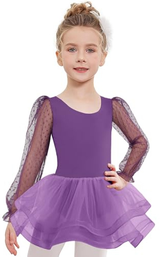 Arshiner flickor balettklänning tutu långärmad barn dans gymnastik trikåer med 3-lagers vånings kjol balettoutfit ballerinakräkt danskläder för flicka ålder 3-11 år, Mörklila, 130