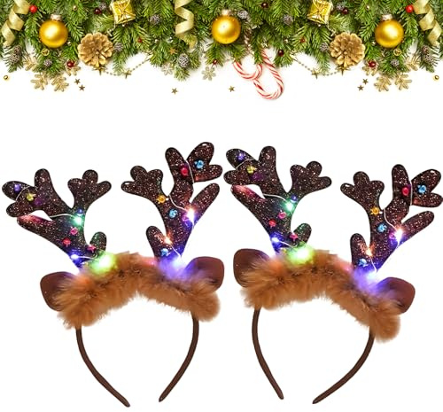 2 Stück Weihnachts Haarreif mit LED,Rentier Geweih Stirnband,Weihnachtliche Stirnbänder,Beleuchtete Stirnbänder mit LED,Kopfbedeckungen Kinder Erwachsene,Leuchten Haarreifen für Party Cosplay