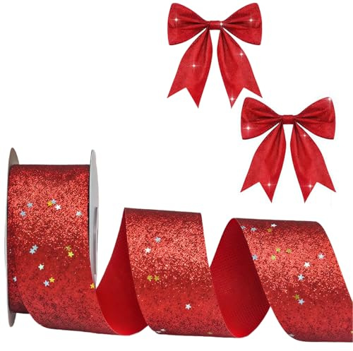 Red Wired Ribbon - 6.3 Width Glitter Red Ribbon for Christmas Tree, Gift Wrapping, Crafts, DIY Wreath