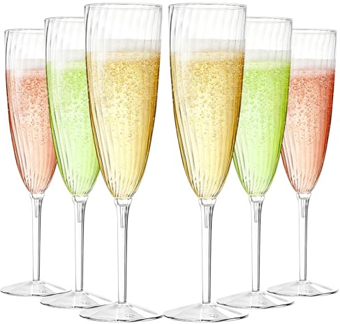 GuanQiao 16 Pack Clear Champagne Flutes, 6oz Disposable Wine Glasses with Long Stem, Reusable Plastic Cocktail Glasses for New Years Eve Party Birthday Wedding Celebration Toasting Drinking