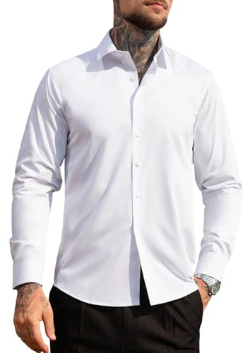 Casey Kevin Mens Shirts Long Sleeve Dress Shirt Non Iron Stretch Formal Shirts Bamboo Fiber Business Regular Fit Casual Work Shirt,White,XL