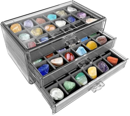 Edelstein Vitrine Rock Sammelbox 54 Fächer, 3 Schubladen, Acryl Rock Sammelbox, Transparente Acryl Stein Sammelboxs Sammelstücke Geburtstag Kinder Abschlussfeier Andenken Schmuckstücke Souvenirs