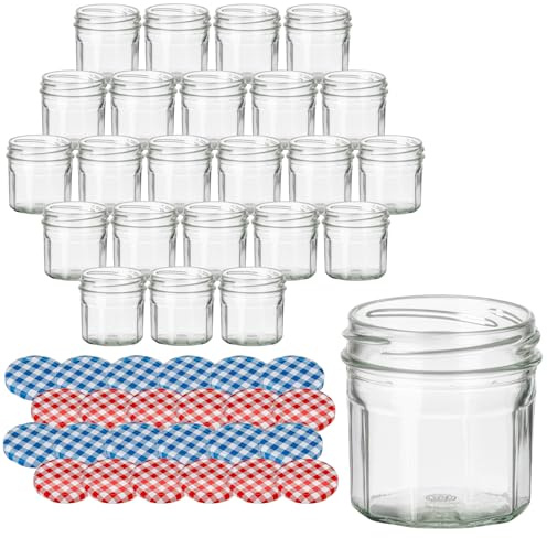 gouveo Lot de 24 bocaux de conservation 100 ml décagone avec couvercle à vis damier bleu/damier rouge - bocaux décagonaux avec fermeture twist-off pour produits faits maison (EGD100KBKR)