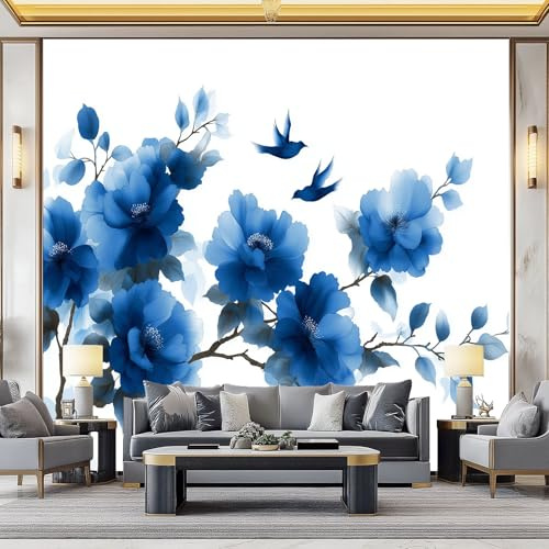 Générique Papier Peint Mural Salon Fleurs Bleues Oiseaux 250x175 cm Papier Peint Panoramique Intissé Moderne, Décoration Murale Poster Tableaux Muraux Imprimé 3D Tapisserie Photo