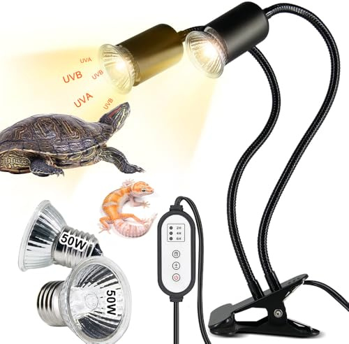 YANGUN Wärmelampe Schildkröten mit Zyklustimer, 50W wärmelampe terrarium, Reptilien Terrarium Lampe mit 2 Basking Spot Glühbirnen E27 Lampenfassung für Schildkröte Eidechse Spinne Chlange (Schwarz)