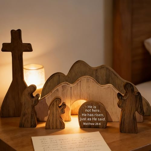 Wooden Easter Tomb Scene for Christian Decoration, Empty Tomb Set with Cross, Figurines for Easter Decor, Jesus Resurrection Scene for Religious Display, Home Office Tabletop Tray, Church, Shelf Decor