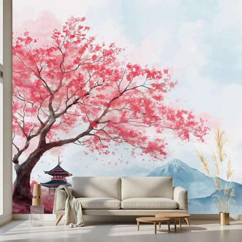 Kioldoq Japanischer Stil Vlies Tapete 150x200 cm, Tintenmalerei Fototapete | Blüten Kirschblüten Blumenmuster Motivtapeten Selbstklebende Wandtapete Schlafzimmer Wohnzimmer