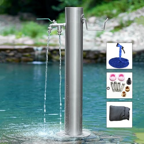 Colonna d'acqua da giardino in acciaio inox con rubinetto, supporto per tubo indipendente, fontana antigelo per esterni per lavaggio auto e irrigazione (50 x 20,5 cm)