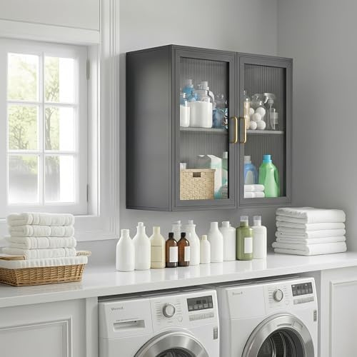 Furnivio Bathroom Wall Cabinet with Acrylic Glass Doors, Kitchen Wall Cabinets with Adjustable Shelf, 24” Laundry Room Wall Mounted Cabinet, Bathroom Wall Cabinet with Light(Black)