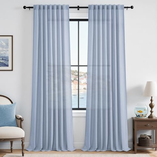 CUTEWIND Vorhänge Blau Leinen Halbtransparent 2er Set Gardinen Wohnzimmer Modern H 245 x B 140 cm, Vorhang Blau Leinenoptik Schlafzimmer Curtains Living Room, mit verdeckten Schlaufen