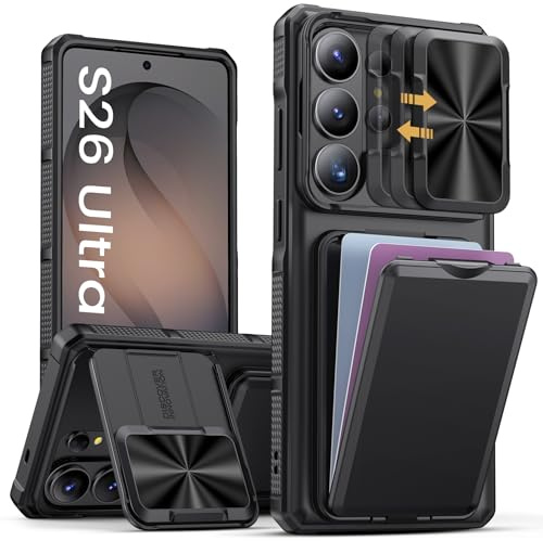 Vihibii pour Coque Samsung S26 Ultra avec Support, Porte Carte, Noir | Protection Cache Camera, Protection Militaire Antichoc Étui, Rigide Silicone Wallet Case pour Samsung Galaxy S26 Ultra 5G