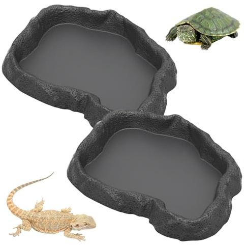 2 Stück Reptilien Futternapf & Wasserschale Terrarium Flach, Steinoptik Kunststoff Schildkröten Zubehör, rutschfeste Schale für Schildkröten Terrarium, Bartagamen, Geckos & Echsen