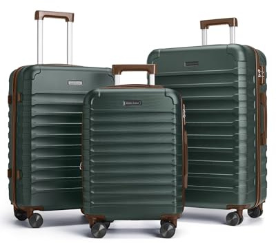 LIGHT FLIGHT Luggage Sets, 3 Piece Durable Suitcase Set with Spinner Wheels, 3 Pcs Hard Shell Lightweight Luggage with TSA Lock, Large Checked Travel Suitcases, 20/24/28 Inch,Green/Brown