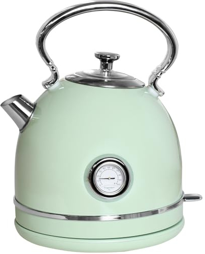 wilko Retro Electric Kettle, 1.7L Capacity, Sage Green, Stainless Steel Body, Water Level Indicator with Thermometer, Dry Boil Protection, 20.2x23.3x146cm